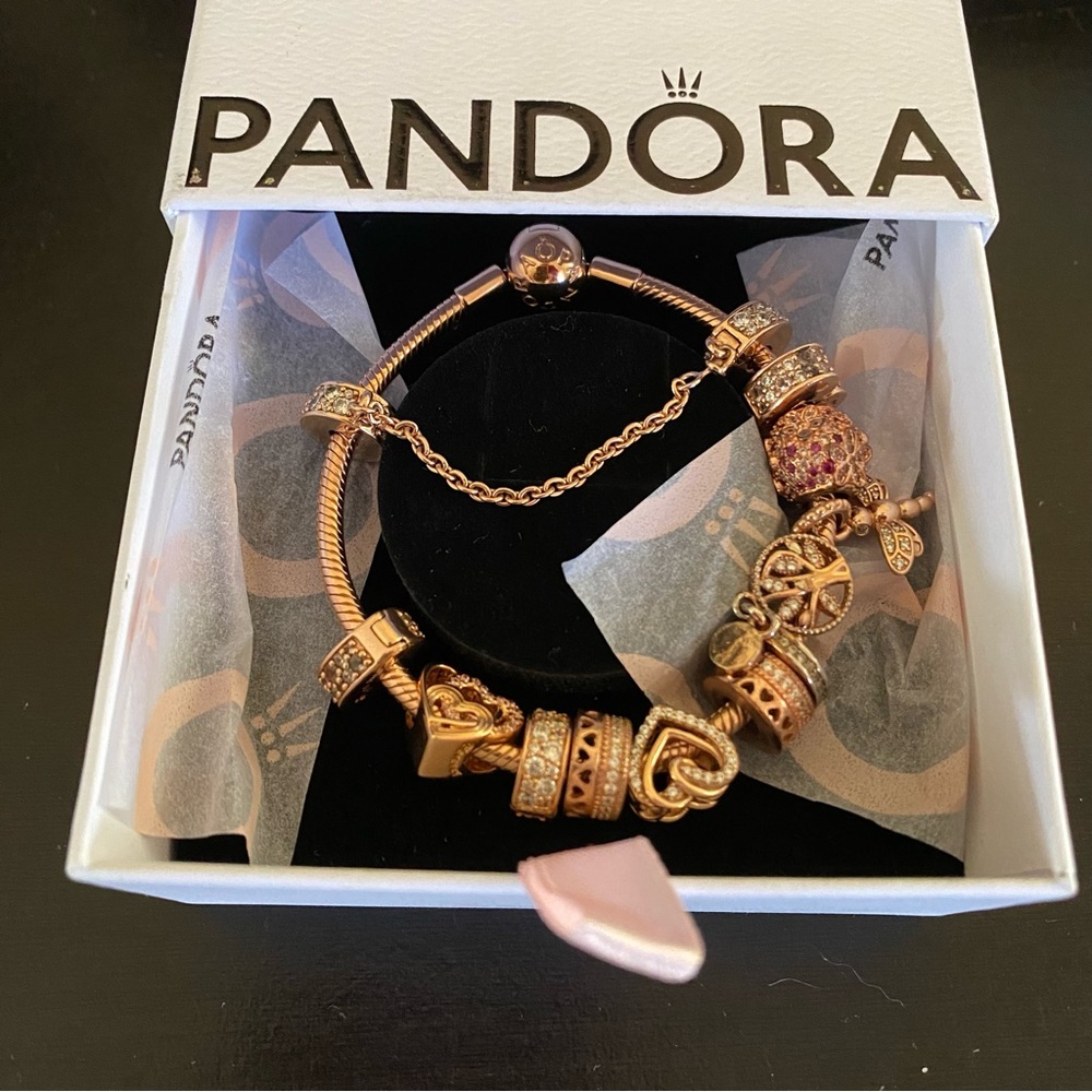 Pandora 6.7” Rose Gold Bracelet & Charms